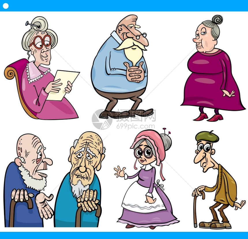 一组老年男女长者漫画插图图片