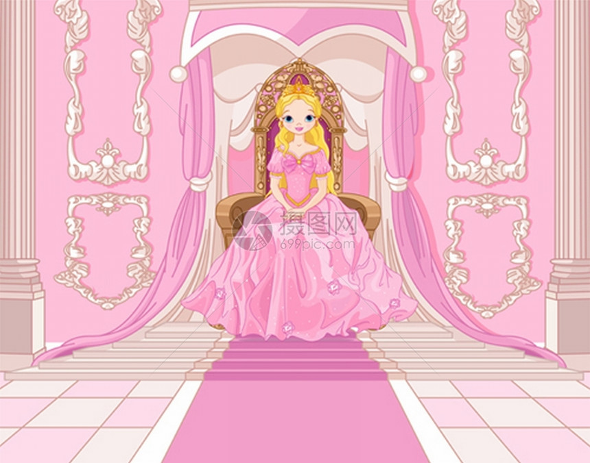 迷人的公主坐在粉红色大厅的宝座上图片