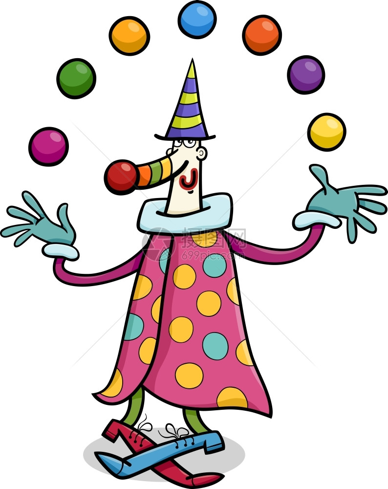 滑稽小丑马戏团表演者杂耍球的漫画插图图片