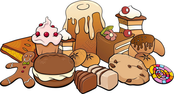 甜食如蛋糕和饼干的漫画插图图片