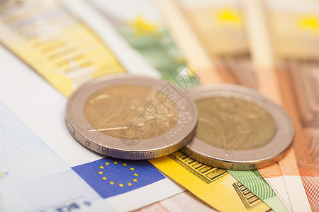 欧元现钞和硬币纸张高清图片素材