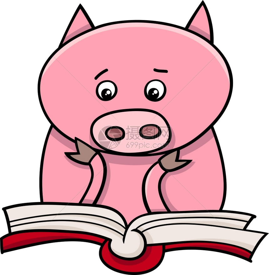 滑稽猪动物品学习和阅读一本书的漫画插图图片