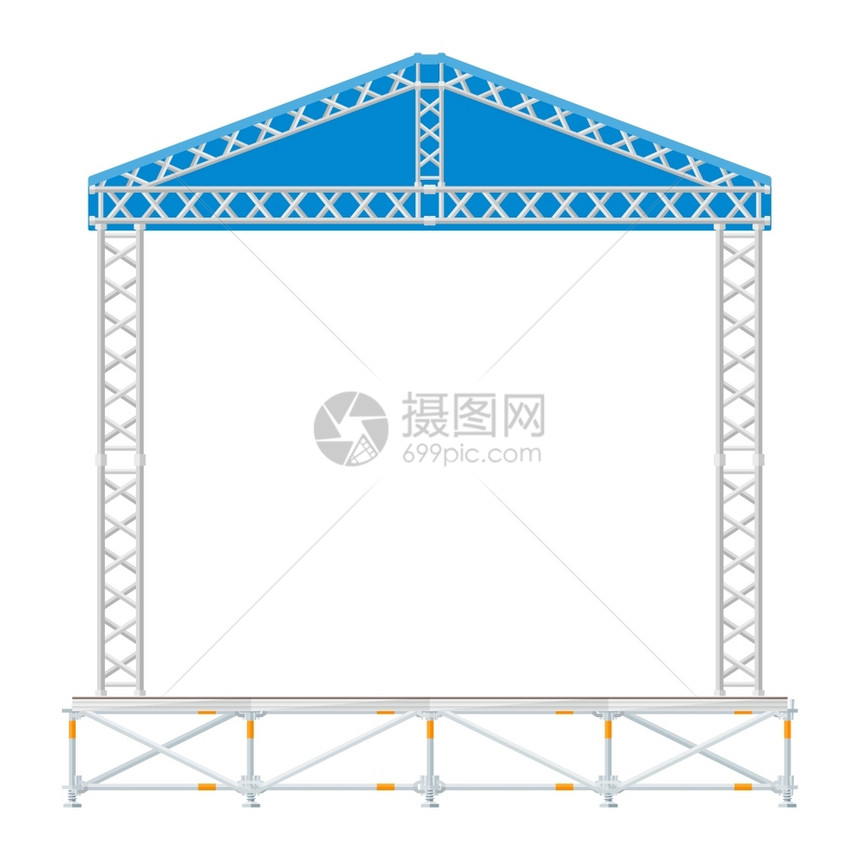 带屋顶的金属舞台矢量平板风格带蓝色屋顶的金属舞台图片