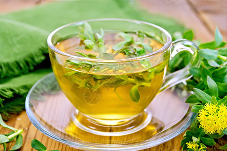 玻璃杯中的草药茶鲜花罗迪奥拉玫瑰木板上的绿布植物高清图片素材