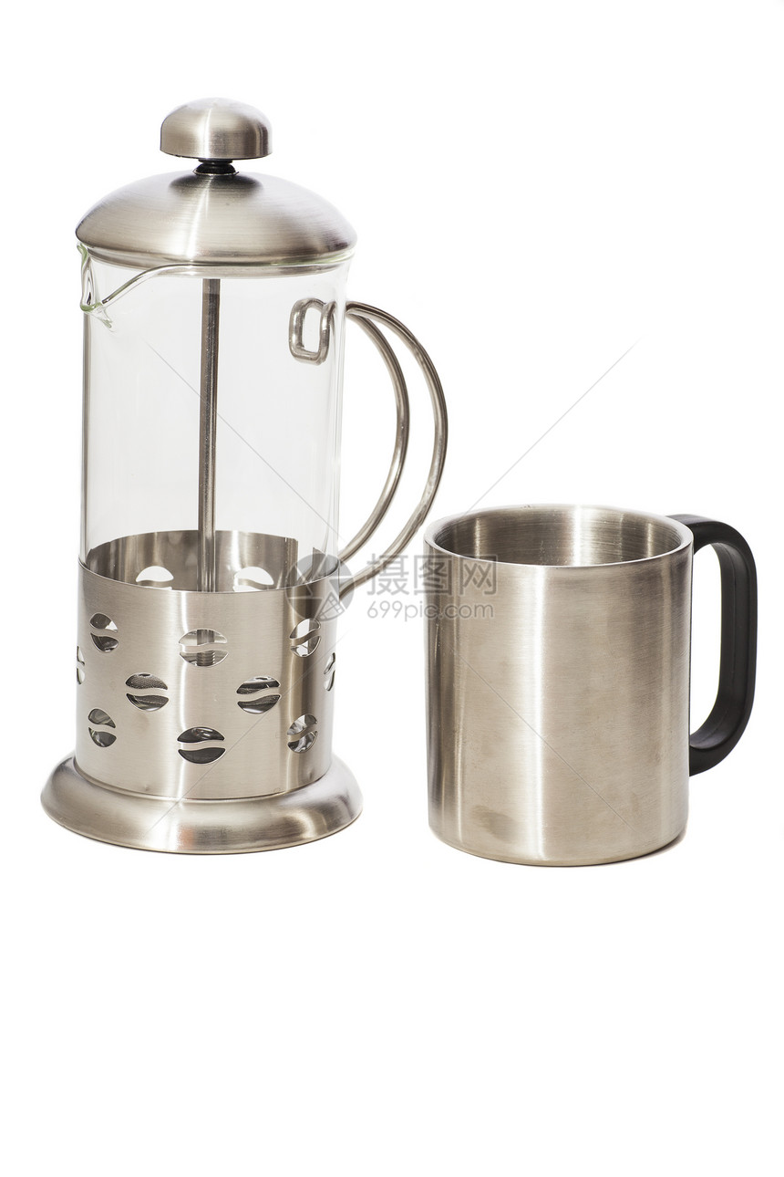 法国咖啡或茶叶制作机和金属杯图片
