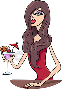 卡通插图美丽的感女人穿着红裙子在酒吧喝图片