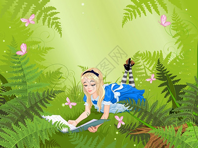 美女草坪看书奇幻之地爱丽丝读一本书关于fern草坪的书插画