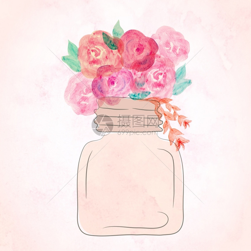 水彩手绘花瓶里的美丽花朵图片