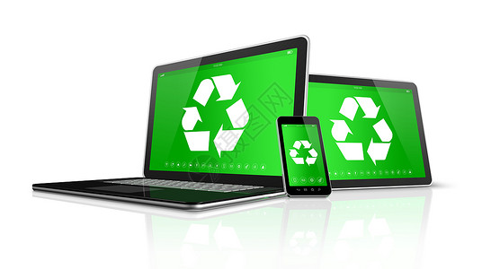 回收电脑3d膝上型电脑平板和智能手机屏幕上有回收符号环境保护概念背景