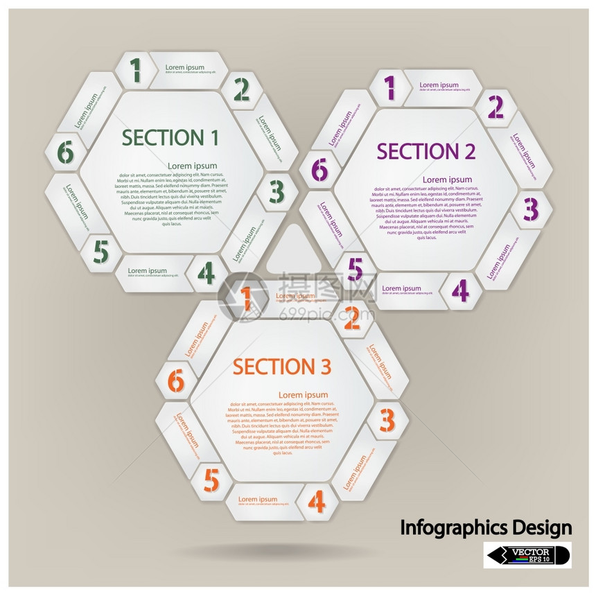 含有文本编号和位置的清洁六边形演示文稿模板矢量说明图片