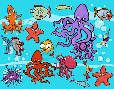有趣的海洋生命动物和鱼品类漫画插图图片