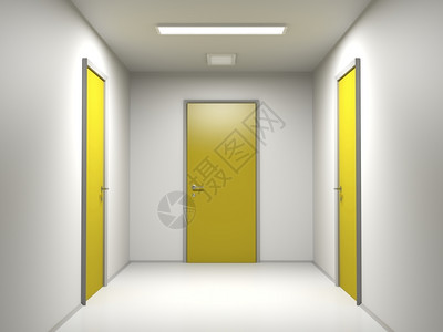 以三扇黄色门结束的走廊图片