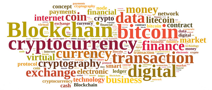 数字加密货币以单词云和块链插图背景