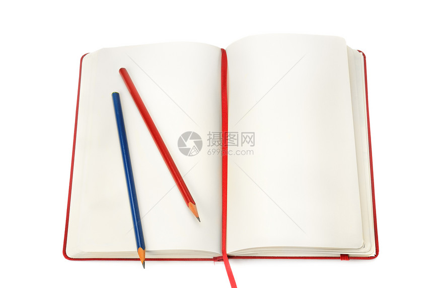 打开的书本和红色蓝色铅笔对比图图片