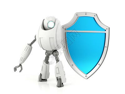 持有蓝盾的白色机器人安全概念高清图片