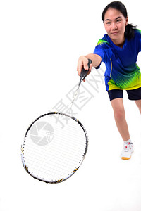 在白背景上孤立的动作中羽毛球玩家图片