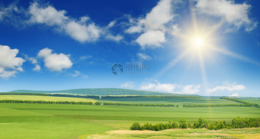 蓝天上的绿地和太阳图片