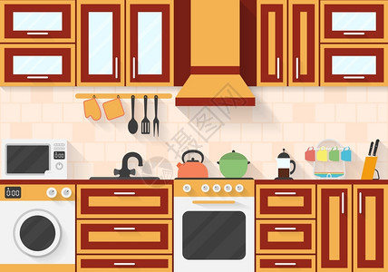 现代风格厨房厨房用具和平式插画