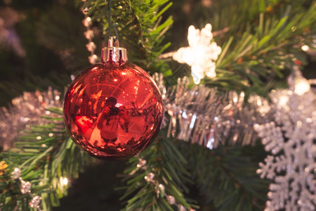 从装饰的圣诞树上挂红色的腐烂物后退过滤效果图片