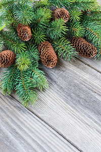 由松锥和在旧未油漆的木板背景上树枝构成圣诞节框架带有复制空间的贺卡圣诞节组成背景图片