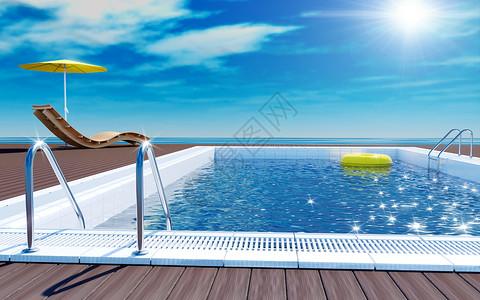 蓝色泳游池黄色生命环在水面漂浮上海滩休息者在用阳伞木地板上在海观暑假的太阳甲上背景图片