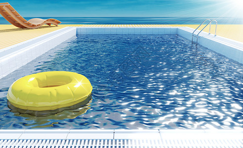 蓝色游泳池黄生命环在水面漂浮上海滩观光客在木地板上太阳甲在海观暑假背景图片