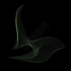 矢量闪烁绿色黄扭曲的参数形状抽象鱼浪黑底装饰设计图片