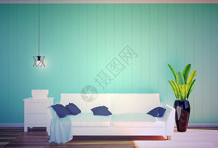 室内白色皮革沙发和绿墙面板空间为软过滤器3D背景图片