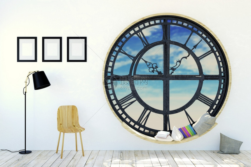 室内白色房间装饰最小型有圆金属时钟窗木椅子照片框和地板灯3D图片