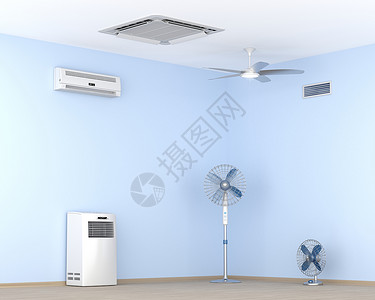 空调风室内不同类型的空调机和电扇背景