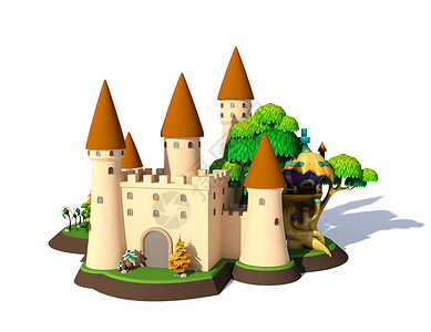 卡通城堡素材三维等距幻想卡通中世纪城堡隔离在白色背景三维渲染背景
