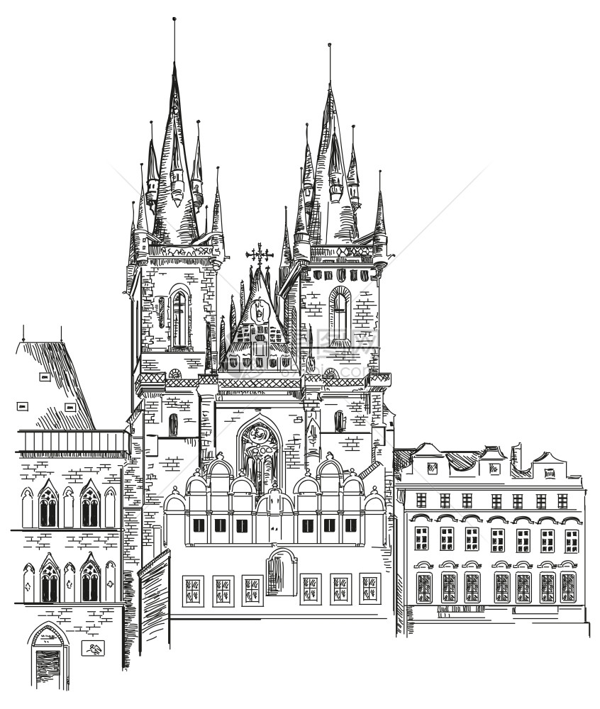 Czech古城Prague镇Tyn教堂的矢量手工图解图片