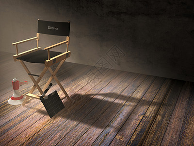 导演的椅子有锁板和扩音器在暗室的镜头聚光灯3D背景图片
