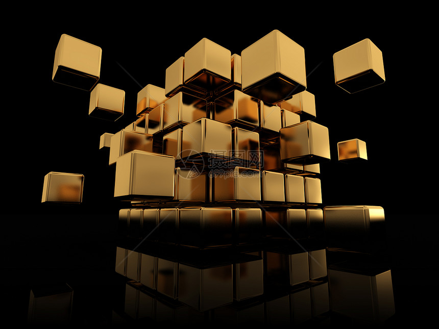 黑色背景上金立方体结构的抽象3d插图图片