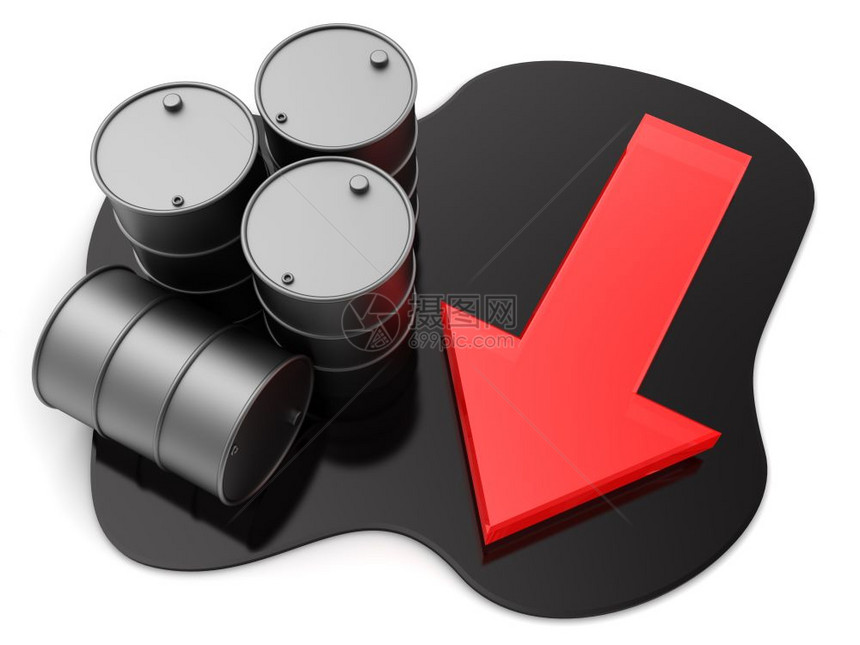 3个石油桶和红箭价格下跌概念的说明图片
