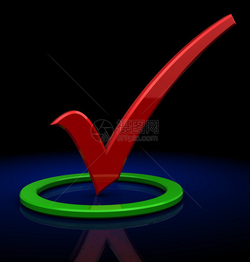 3d显示绿圆暗底背景的红勾标记图片