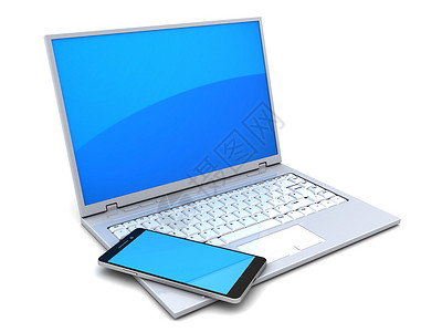 3d笔记本电脑和移动话白色背景图图片