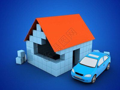 带汽车的蓝色背景上的街区房屋的三维插图3d街区住宅图片