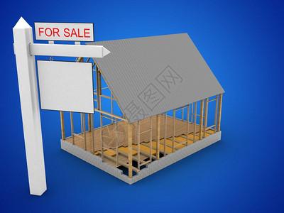 3d以销售牌号显示蓝色背景的房屋框架空白图片