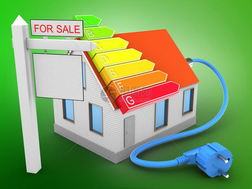 绿色背景上的红色屋顶的三维插图带有权力等级和销售标志3d力量等级图片