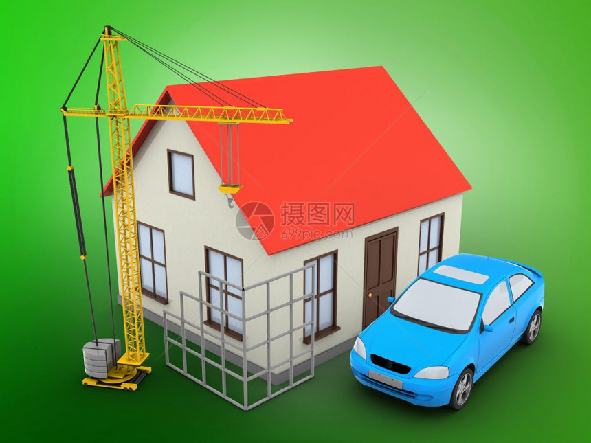 通用的房子的3d插图在绿色背景上的汽车和建筑工地3d通用的房子图片