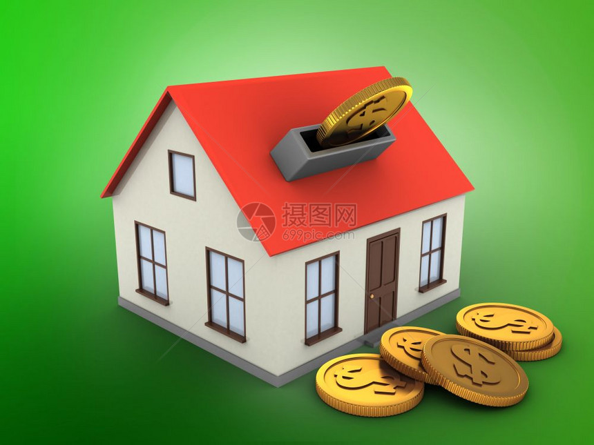 3d以硬币代替绿色背景的通用房屋图空白图片
