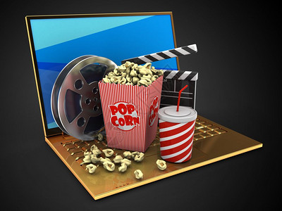 3d以蓝色屏幕和电影机为蓝色背景的金电脑插图图片