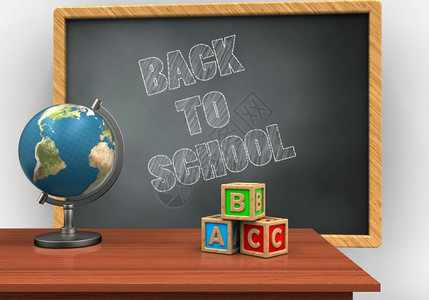 3d灰色黑板背回学校课本和abc立方体教师课桌图片