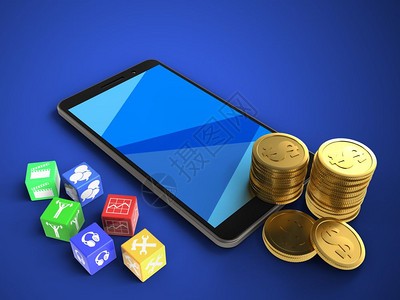 3d以蓝色背景用立方体和硬币显示移动电话立方体图片