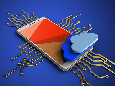 3d以蓝色背景和有电子路云层的白色电话图示红色图片