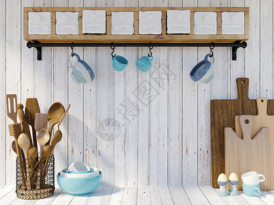 白木背景的厨房用具复制空间3D图片