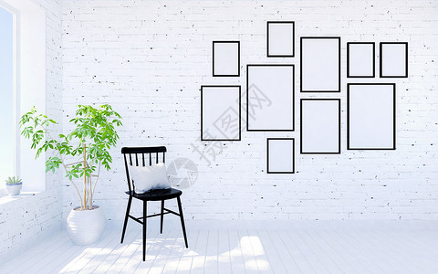 白色砖制现代客厅室内墙上有居住空间和照片框图片