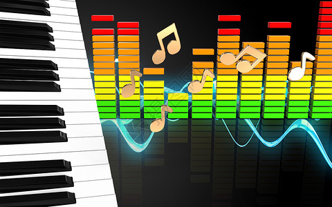 3d音波黑色背景的钢琴键和注解3d钢琴键音频谱背景图片