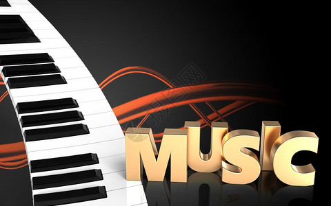 音波橙色背景上钢琴键盘的三维插图带有音乐符号3d空白钢琴键盘背景图片